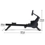 Dimensioni del Vogatore NordicTrack RW300 con misure di lunghezza 207cm, altezza 112cm e larghezza 63cm.