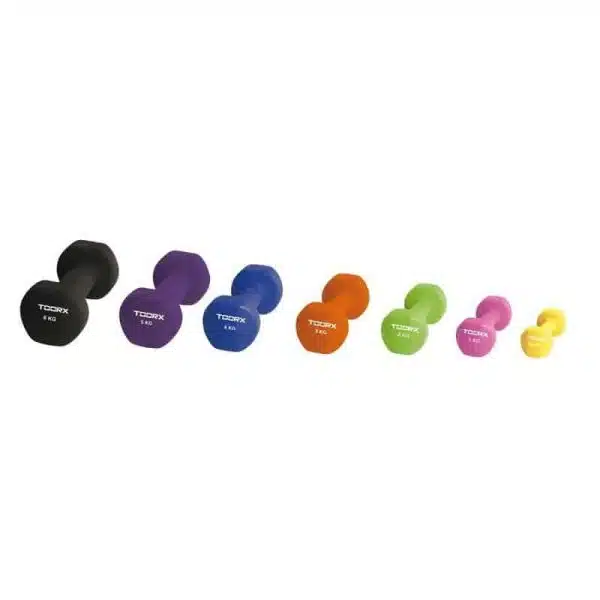Set Manubri in Neoprene Toorx | Assortimento di manubri da palestra colorati di diverse misure su sfondo bianco