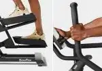 Scarpe da ginnastica su pedaliere dell'Ellittica Bowflex Max Trainer SEi e mani che impugnano il manubrio
