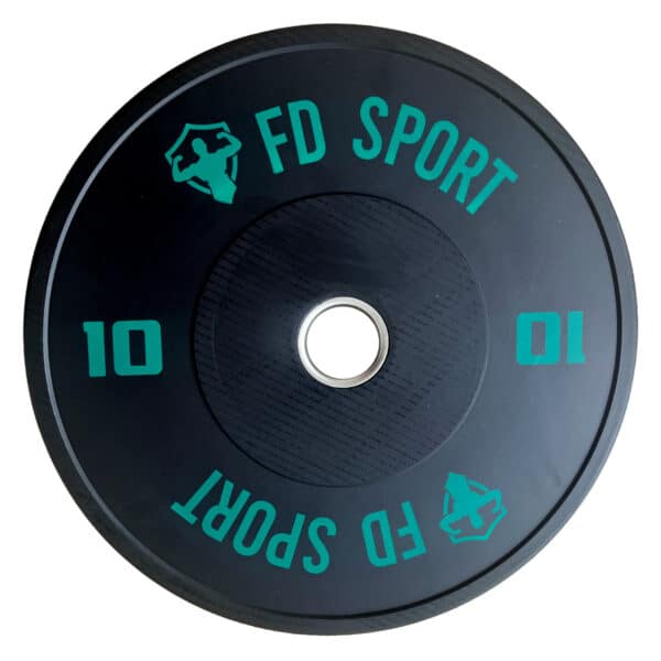 Disco Bumper FD Sport 10Kg in primo piano, con numeri e logo verdi vivaci