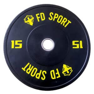 Disco Bumper singolo 15Kg FD Sport nero con scritte gialle su sfondo bianco