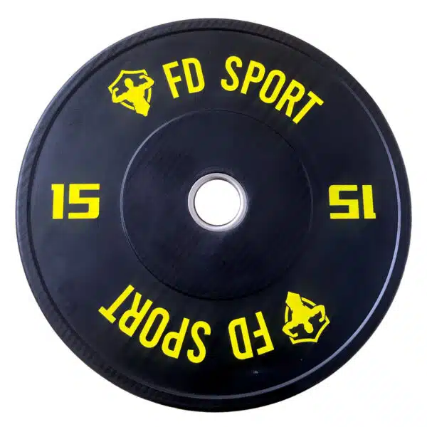 Disco Bumper singolo 15Kg FD Sport nero con scritte gialle su sfondo bianco