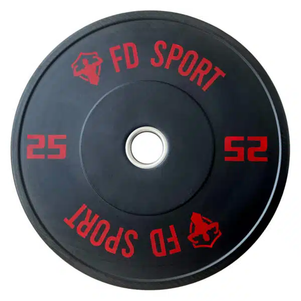Disco Bumper FD Sport 25Kg singolo con logo rosso su sfondo nero