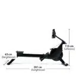 Dimensioni del Vogatore NordicTrack RW700: lunghezza 207cm, altezza 115cm, larghezza 63cm in configurazione aperta