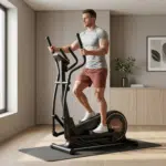 Uomo si allena in casa sull'Ellittica BodyJoy CT11S-18 su tappeto fitness