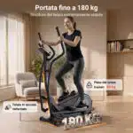 Donna sorridente si allena su ellittica BodyJoy CT11S-18 con indicazioni di portata