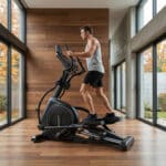 Uomo in canotta grigia e pantaloncini neri si allena su Ellittica BodyJoy CT21PRO in ambiente moderno