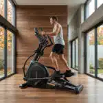 Uomo in canotta grigia e pantaloncini neri si allena su Ellittica BodyJoy CT21PRO in ambiente moderno