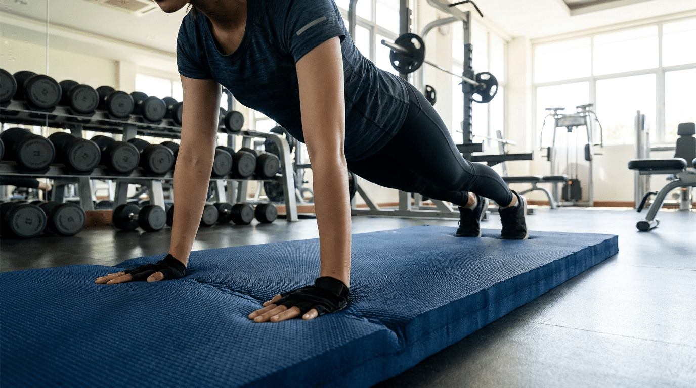 Tappetino fitness professionale in contesto d'uso domestico, offre grip e ammortizzazione superiori.