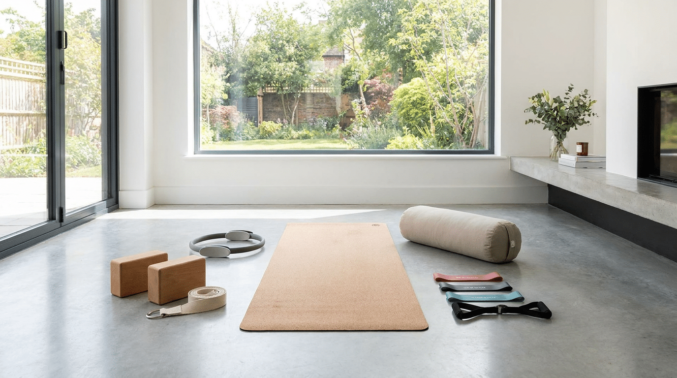 Set accessori pilates casa: blocco, cinghia e anello per allenamento completo